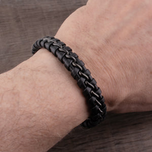 Black Stainless Steel & Braided Leather Men's Bracelet - SSLB013