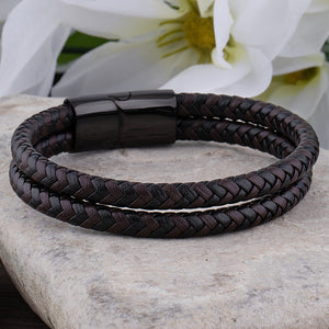 Stainless Steel Black & Brown Double Row Men's Braided Leather Bracelet - SSLB014