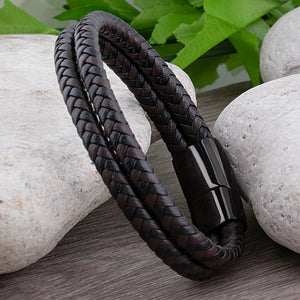 Stainless Steel Black & Brown Double Row Men's Braided Leather Bracelet - SSLB014