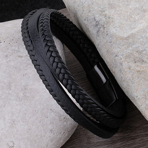 Stainless Steel Black Multi-Strand Men's Braided Leather Bracelet - SSLB018