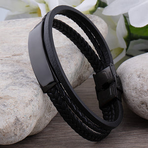 Engravable Men's Stainless Steel Black Leather Bracelet - SSLB055