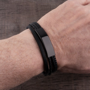 Engravable Men's Stainless Steel Black Leather Bracelet - SSLB055
