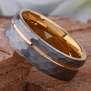 Tungsten Carbide Wedding Band 8mm Wide Satin Finish with Silver and Yellow Gold Contrasting Colors