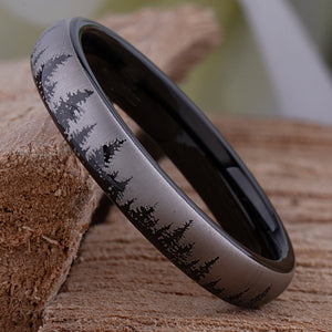 Forest Tungsten Ring with Pine Tree Design in Black & Silver - 4mm Width - TCR228