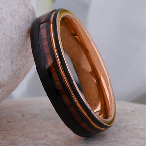 Black and Rose Gold Tungsten Ring with Rosewood Inlay - 6mm Width - TCR232