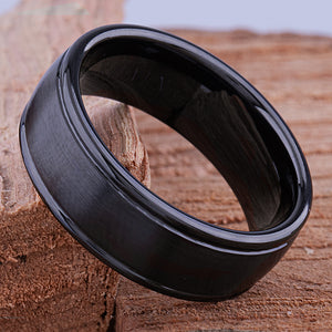 Black Ceramic Men's Wedding Ring or Engagement Band 8mm Wide with Light Brushed Center and Polished Sides