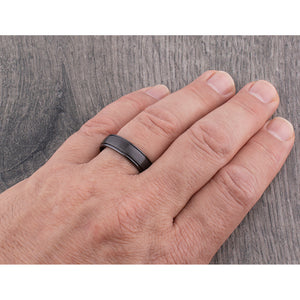 Black Ceramic Mens Wedding Ring or Engagement Band 6.5mm Wide with Light Brushed Center and Polished Sides