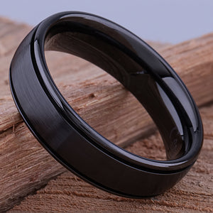 Black Ceramic Mens Wedding Ring or Engagement Band 6.5mm Wide with Light Brushed Center and Polished Sides