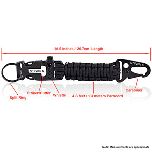 Steven G Paracord Carabiner Survival Keychain with Firestarter and Whistle - (pack of 2) PCKC062BKAG