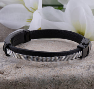 Men's Stainless Steel Black Leather Bracelet With Black Engraving Plate and Steel Mesh Accent Wire