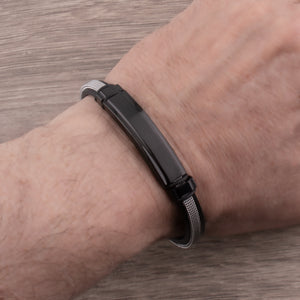 Men's Stainless Steel Black Leather Bracelet With Black Engraving Plate and Steel Mesh Accent Wire