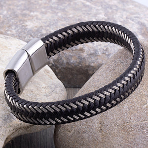 Men's Bracelet with Braided Leather and Steel Wire and Stainless Steel Secure Magnetic Slide Clasp