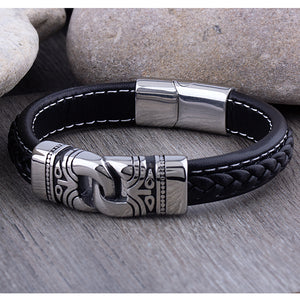 Men's Stainless Steel Black Braided Center Leather Bracelet With Polished Aztec Motif Center & Secure Slide Magnetic Clasp Lock