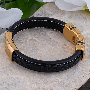 Men's Yellow Gold Plated Stainless Steel and Leather Bracelet, Aztec Design - SSLB096G