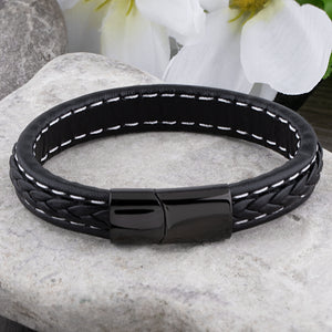 Stainless Steel Black Braided & White Stitched Leather Bracelet for Men With Black Steel Secure Magnetic Sliding Clasp Lock, Gift for Him