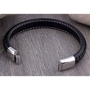 Men's Stainless Steel Black Braided & White Stitched Leather Bracelet With Polished Steel Secure Magnetic Sliding Clasp Lock