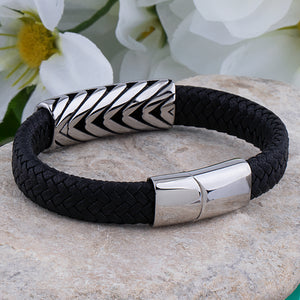 Men's Stainless Steel Geometric Design Bracelet with Black Leather - SSLB107S