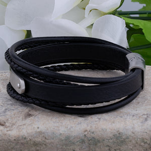 Men's Stainless Steel with Black Leather Engravable Bracelet - SSLB126BK