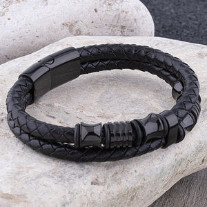 Men's Leather Braided Bracelet With Unique Black Stainless Steel Cylinder Designs and Secure Slide Magnetic Clasp Lock, Great Gift for Men
