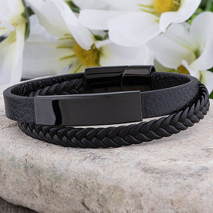 Men's Stainless Steel Black Leather Bracelet with Engraving Plate - SSLB140