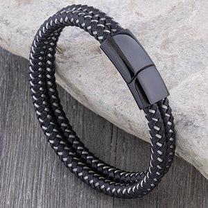 Men's Stainless Steel Black Leather Bracelet Hand-Braided Leather and Steel Wire With Steel Secure Slide Magnetic Clasp Lock