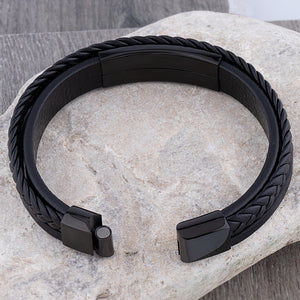 Men's Stainless Steel Black Leather Bracelet with Partial Hidden Engraving Plate - SSLB015