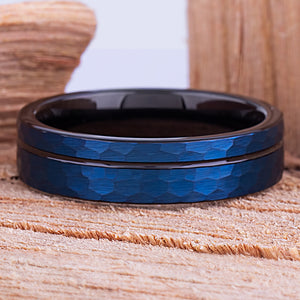 Tungsten Band Blue and Black 6mm - TCR105 black and blue men’s wedding or engagement band or promise ring for him