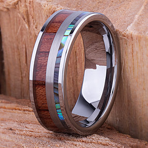 Tungsten Ring with Koa Wood and Abalone Shell 8mm - TCR119 wood & shell engagement band or wedding ring or promise band