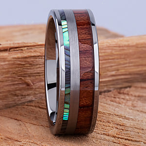 Tungsten Ring with Koa Wood and Abalone Shell 8mm - TCR119 wood & shell engagement band or wedding ring or promise band