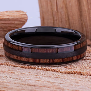 Black Tungsten Wedding Band or Engagement Ring 6mm Wide with Natural Hawaiian Koa Wood Inlay