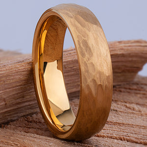 Yellow Gold Hammered Tungsten Men's Or Women's Wedding Band or Engagement Ring 6mm Wide
