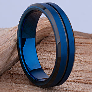 Tungsten Carbide Men's Wedding Ring or Man's Engagement Band 6mm Wide with Blue and Black Plating