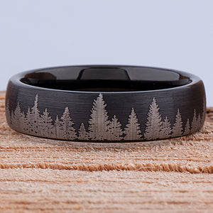 Tungsten Forest Style Men's Wedding Ring or Engagement Band 6mm Wide with Light Brushed Black Exterior
