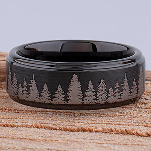 Black Tungsten Forest Designed Wedding Ring or Engagement Band 8mm Wide with Light Brushed Exterior