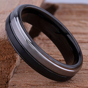Tungsten Wedding Band or Engagement Ring 6mm Wide, Flat with Brush Finish and Black Plating