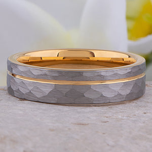 Unique Tungsten Wedding Band 6mm, Brushed Diamond Cut Surface, Yellow Gold Groove & Interior, Promise Ring for Him or Her