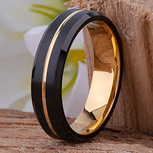 Tungsten Wedding Band or Engagement Ring 6mm Wide with Midnight Black and Yellow Gold IP Plating, Beveled Edges