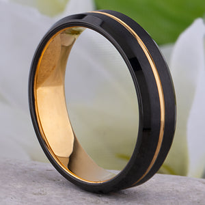 Tungsten Wedding Band or Engagement Ring 6mm Wide with Midnight Black and Yellow Gold IP Plating, Beveled Edges