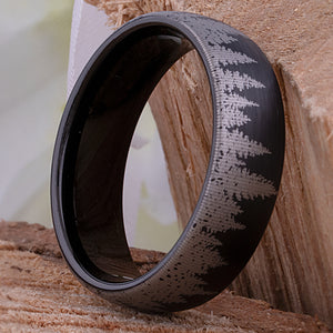Tungsten Forest Style Men's Wedding Ring or Engagement Band 7mm Wide with Light Brushed Black Exterior
