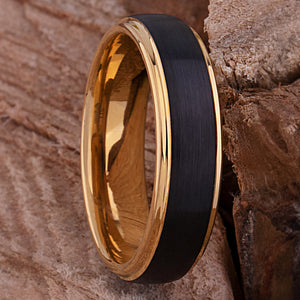 Tungsten Carbide Wedding Band or Man's Engagement Ring 6mm Wide Flat Satin Finish 2-Tone Black and Yellow Gold IP Plating