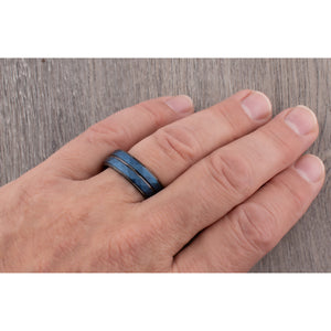 Tungsten Men's Wedding Band or Engagement Ring 8mm Wide Diamond Cut Satin Finish Two-Tone Blue & Black Ion Plating