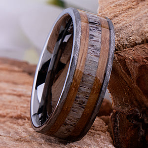 Tungsten Ring with Whiskey Barrel Wood and Deer Antler Inlay - 8mm Width - TCR209