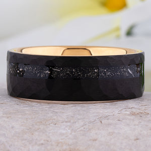 Black and Yellow Tungsten Carbide Wedding Ring or Engagement Band 8mm Wide with Meteorite Inlay