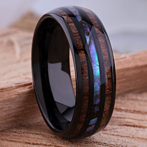 Black Tungsten Wedding Ring or Engagement Band 8mm Wide with Natural Koa Wood and Abalone Shell Inlay
