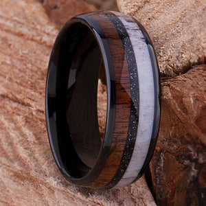 Tungsten Carbide Men's Wedding Band or Man's Engagement Ring, 8mm Wide with Natural Koa Wood, Deer Antler and Black Sand Inlay