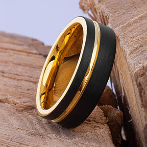 Tungsten Carbide Men's Wedding Band or Man's Engagement Ring 8mm Wide Flat Satin Finish Two-Toned Black and Yellow Gold IP Plating