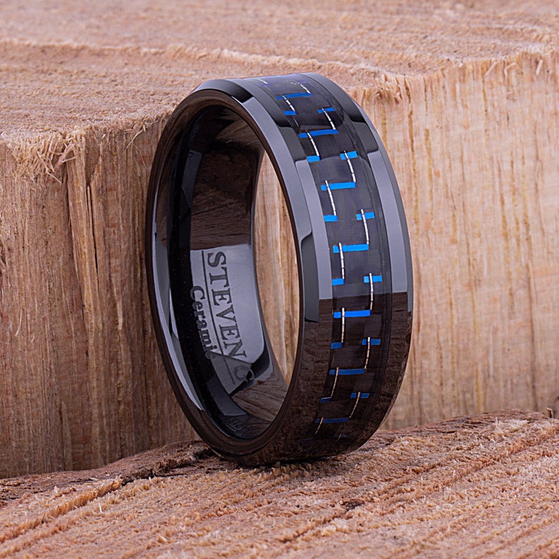 Men's Ceramic Ring with Carbon Fiber - 8mm Width CER089-8 men’s wedding ring or engagement band, promise ring or anniversary ring gift for him - Steven G Designs