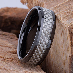 Men's Ceramic Wedding Ring with Carbon Fiber - 8mm Width CER090-8 men’s wedding ring or engagement band, promise ring or anniversary ring gift for him - Steven G Designs