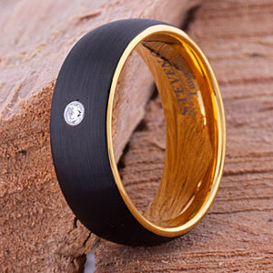 Black and Yellow Tungsten Ring with 3mm CZ - 8mm - TCR090 black yellow gold men’s wedding or engagement band or promise ring