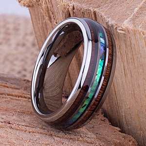 Tungsten Ring with Koa Wood and Abalone Shell 8mm - TCR096 wood and shell engagement band or wedding ring or promise band